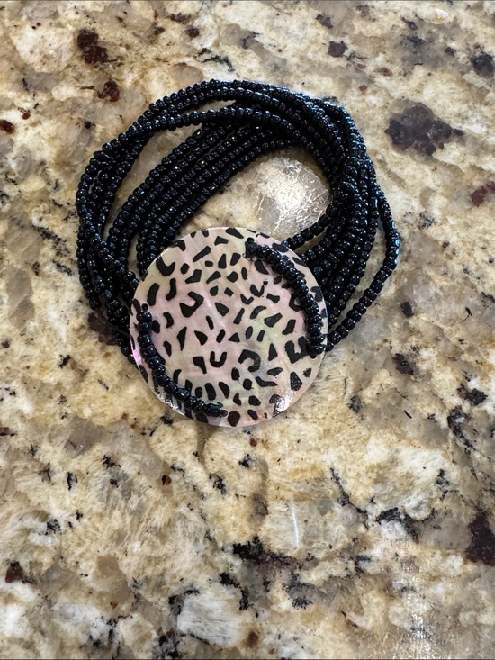 Jewelry - Black Beaded Multi-Strand Bracelet with Leopard Disc